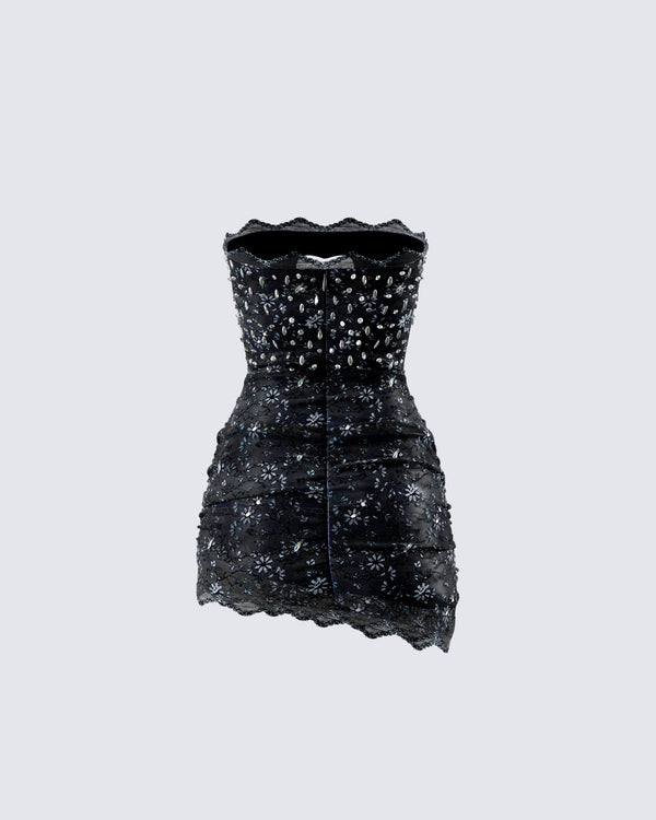 Finesse Clover Hand Beaded Rhinestone Black Mini Dress