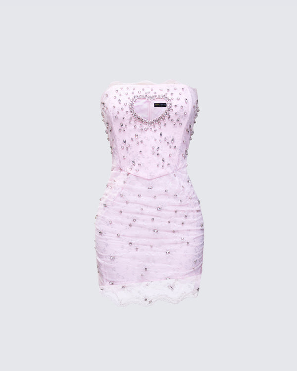 finesse Clover Hand Beaded Rhinestone Pink Mini Dress