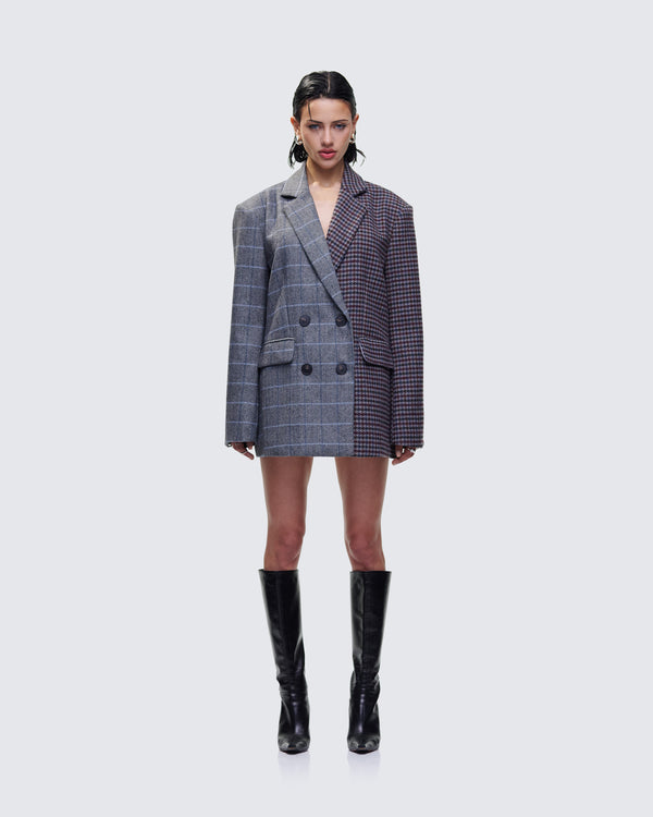 Finesse Dionne Grey Mixed Check Double Breasted Blazer
