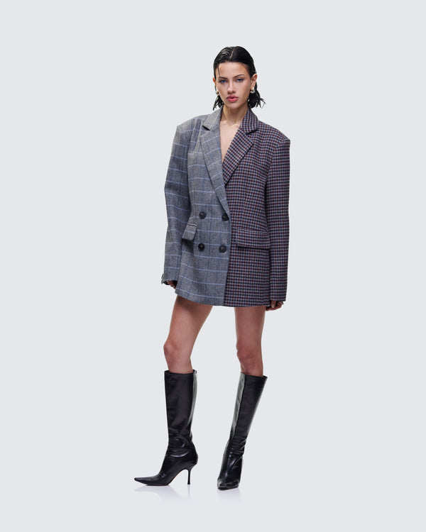 Finesse Dionne Grey Mixed Check Double Breasted Blazer
