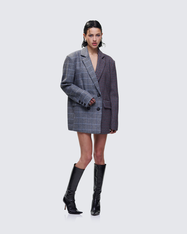 Finesse Dionne Grey Mixed Check Double Breasted Blazer