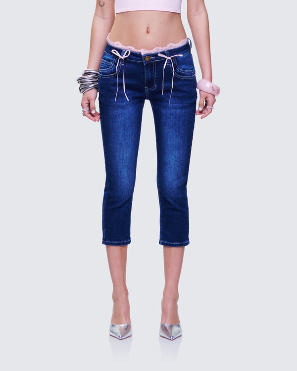 Finesse Estefania Blue Denim Lace And Bow Capri Pant