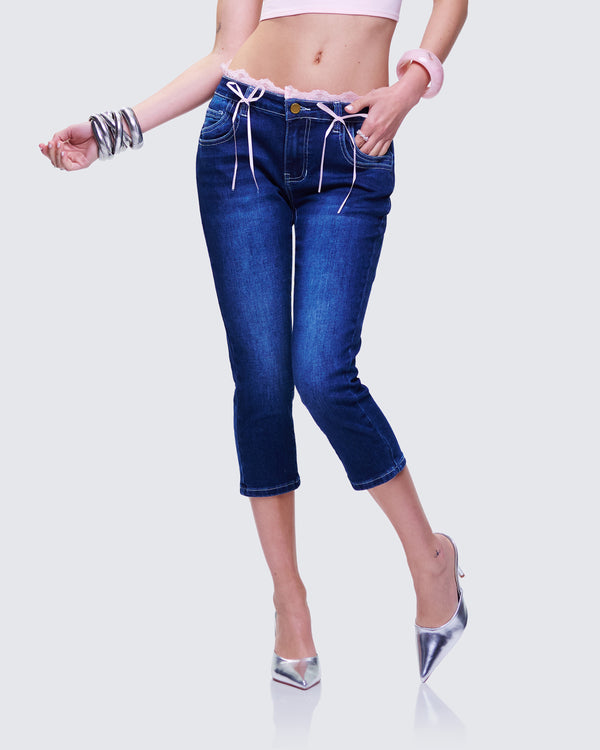 Finesse Estefania Blue Denim Lace And Bow Capri Pant