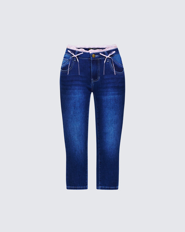 finesse Estefania Blue Denim Lace and Bow Capri Pant