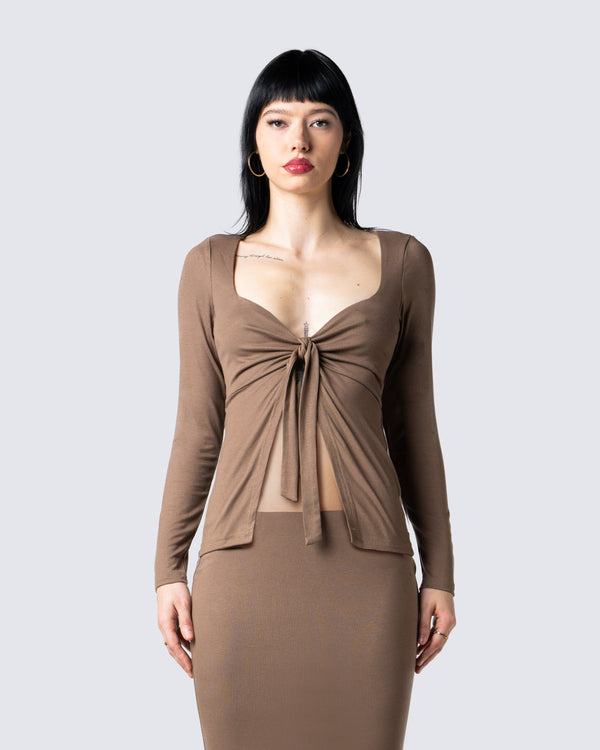 Finesse Abra Taupe Tie Front Top