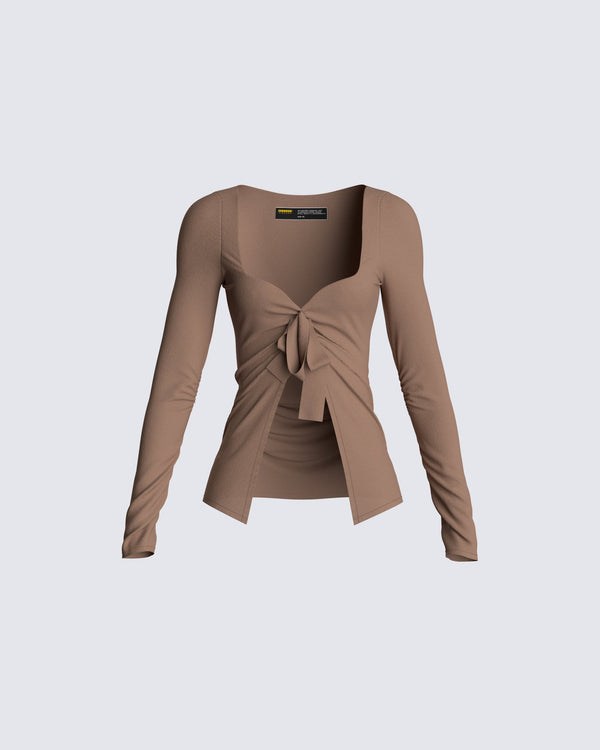 finesse Abra Taupe Tie Front Top