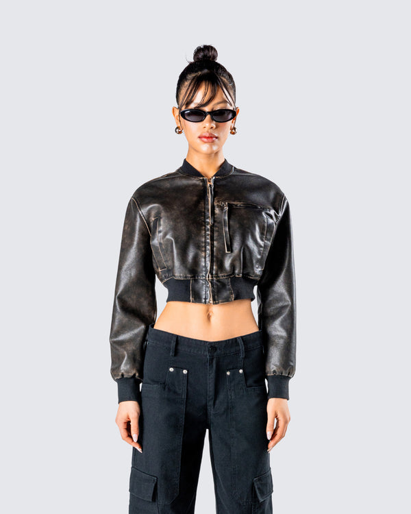 Finesse Ada Black Faux Leather Crop Jacket