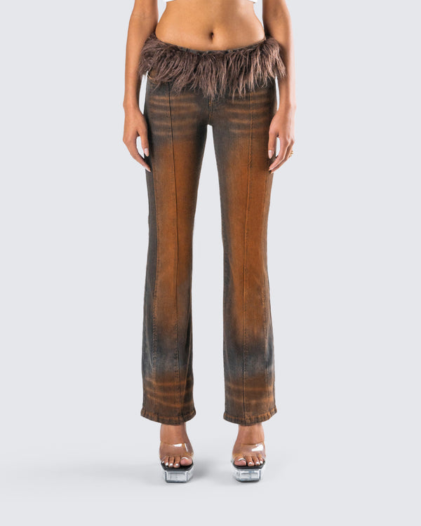 Finesse Adie Brown Denim Fur Jean