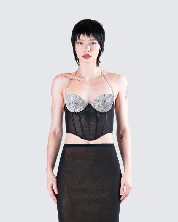 Finesse Aela Black Rhinestone Corset Top