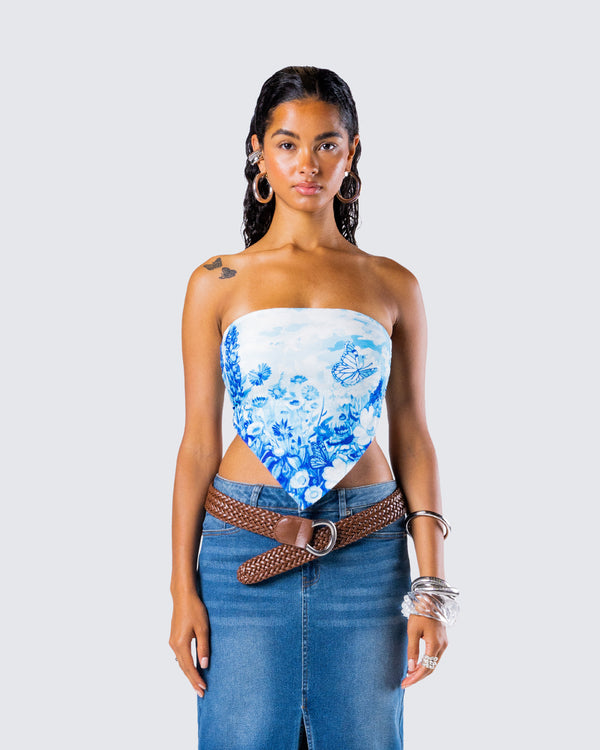 Finesse Ahmeira Blue Floral Print Tube Top