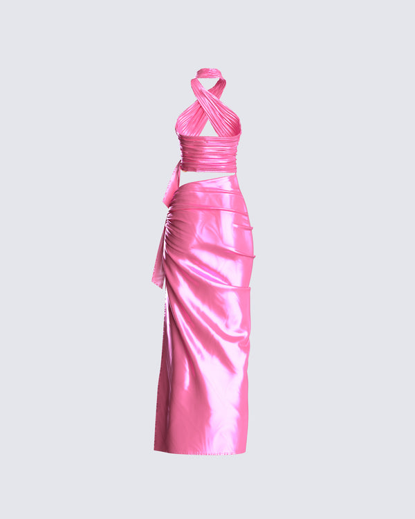 Finesse Alaina Pink Satin Maxi Dress
