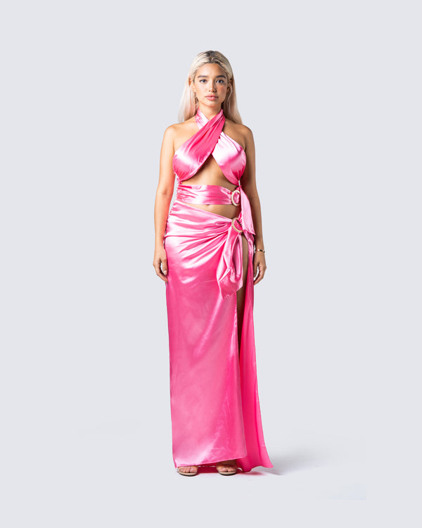 Finesse Alaina Pink Satin Maxi Dress