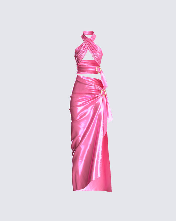 finesse Alaina Pink Satin Maxi Dress