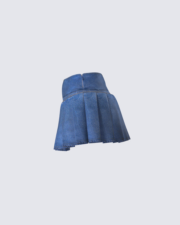 Finesse Alazne Blue Denim Pleated Micro Mini Skirt