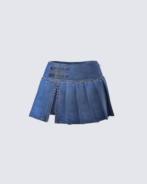 finesse Alazne Blue Denim Pleated Micro Mini Skirt
