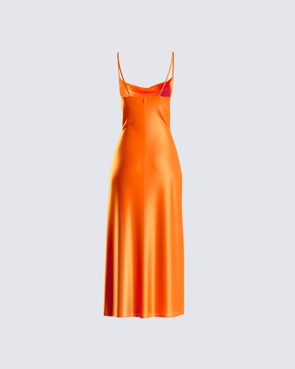 Finesse Alina Orange Satin Midi Dress