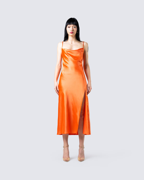 Finesse Alina Orange Satin Midi Dress