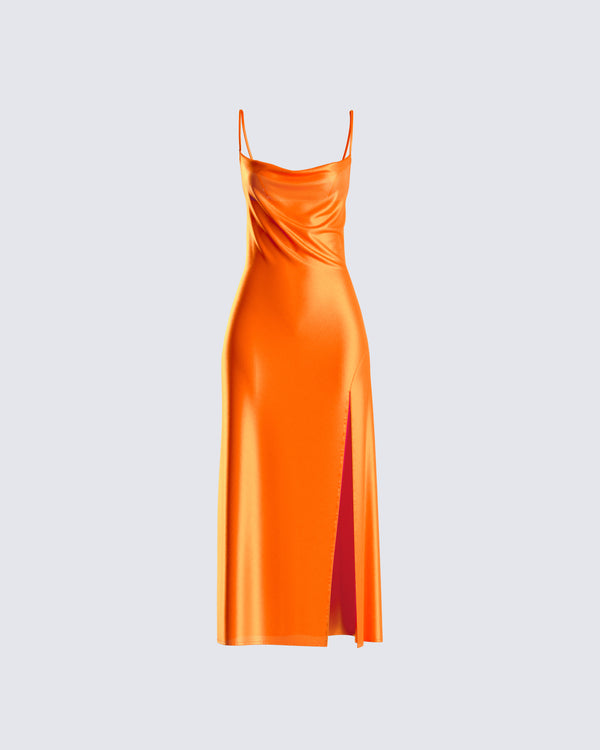 finesse Alina Orange Satin Midi Dress