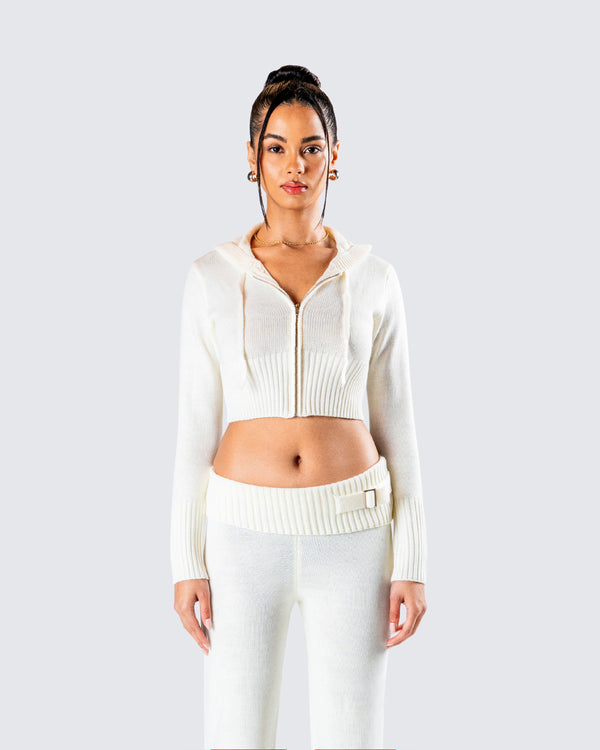 Finesse Alyssa White Knit Cropped Jacket