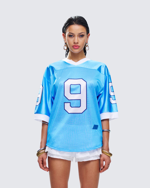 Finesse Amia Blue Graphic Sports Jersey Top