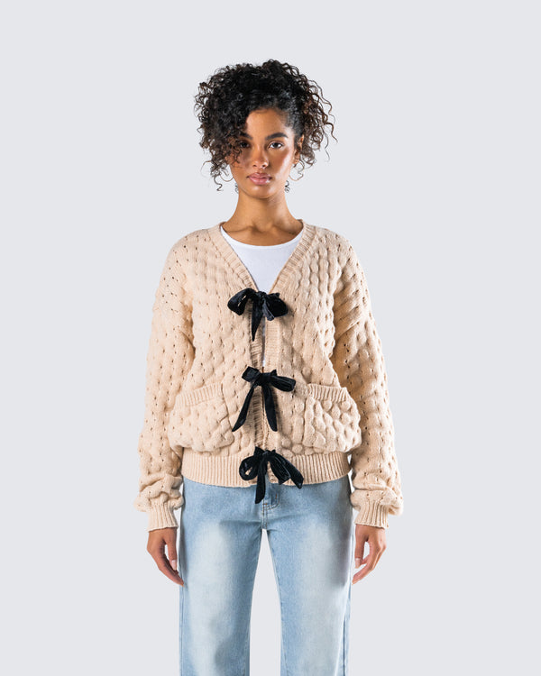 Finesse Andra Beige Bubble Knit Cardigan