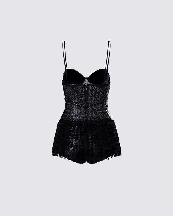 Finesse Andrina Black Sequin Fringe Romper