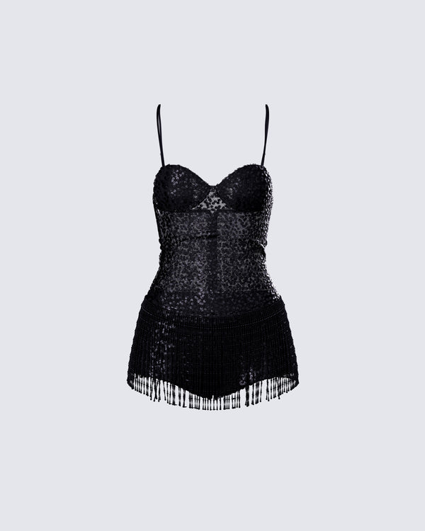 finesse Andrina Black Sequin Fringe Romper