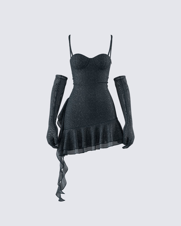 finesse Anyssa Black Shimmer Mini Dress And Gloves