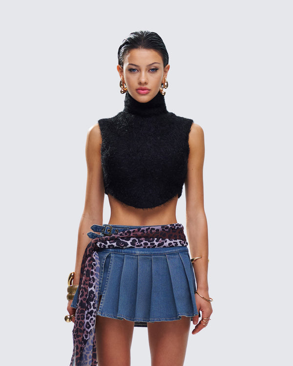 Finesse Ara Black Fuzzy Turtleneck Crop Top