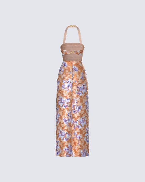 Finesse Ari Orange Floral Burnout Maxi Dress