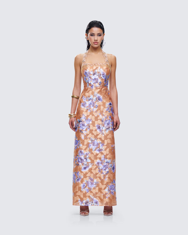 Finesse Ari Orange Floral Burnout Maxi Dress