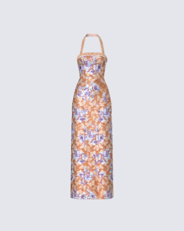 finesse Ari Orange Floral Burnout Maxi Dress