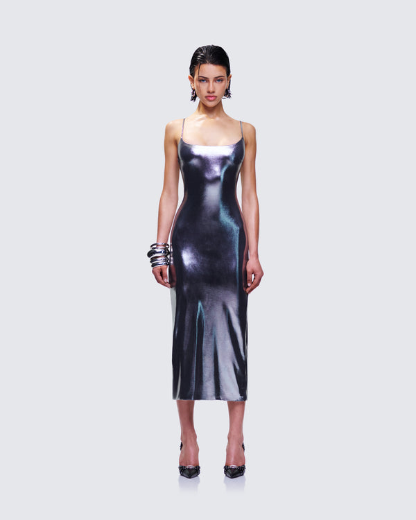 Finesse Aurra Metallic Gunmetal Midi Dress