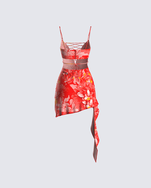 Finesse Aviva Red Floral Print Mini Dress