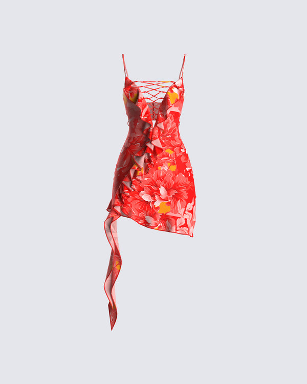 finesse Aviva Red Floral Print Mini Dress