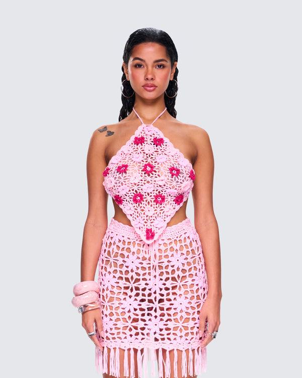 Finesse Aya Pink Floral Crochet Halter Top