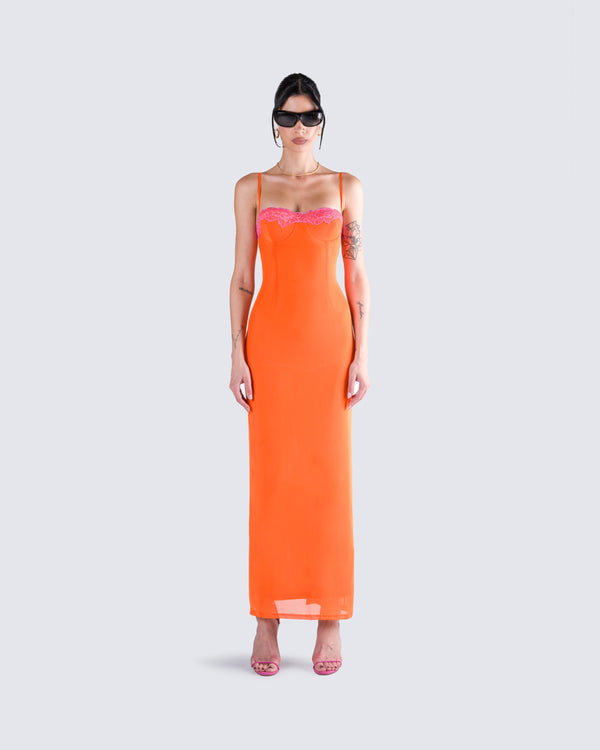 Finesse Ayesha Orange Mesh Maxi Dress