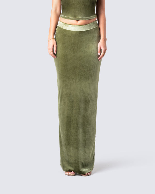 Finesse Ayla Olive Green Velvet Maxi Skirt