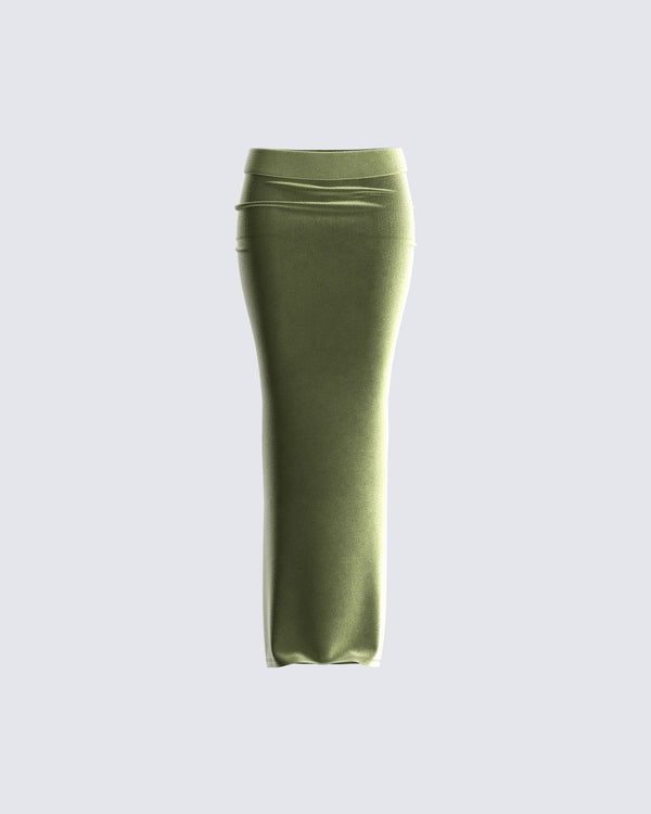 finesse Ayla Olive Green Velvet Maxi Skirt
