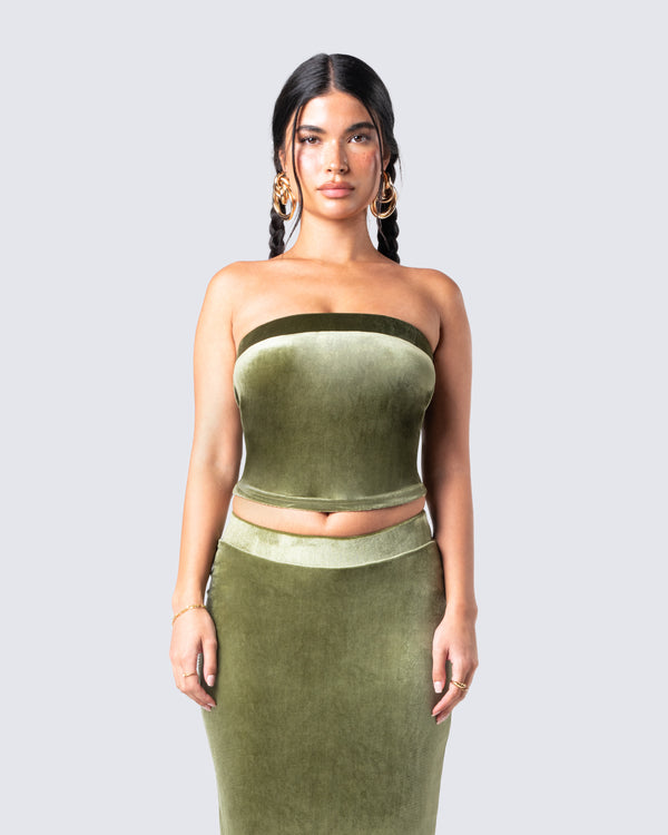 Finesse Ayla Olive Green Velvet Tube Top