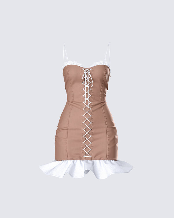 finesse Aza Taupe Lace Up Mini Dress