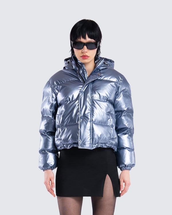 Finesse Azalea Blue Metallic Puffer Jacket