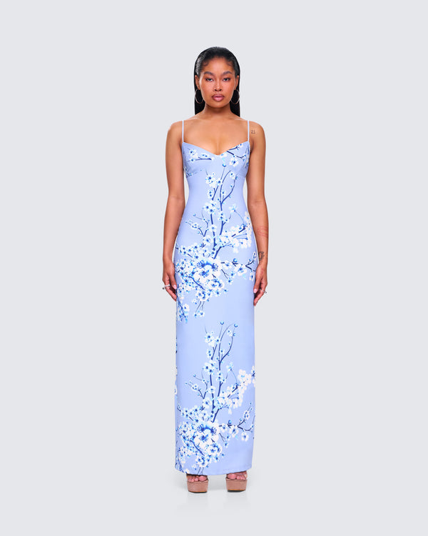 Finesse Azura Blue Floral Bodycon Maxi