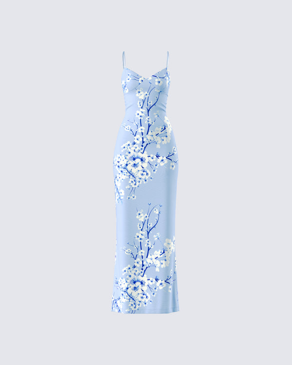 finesse Azura Blue Floral Bodycon Maxi