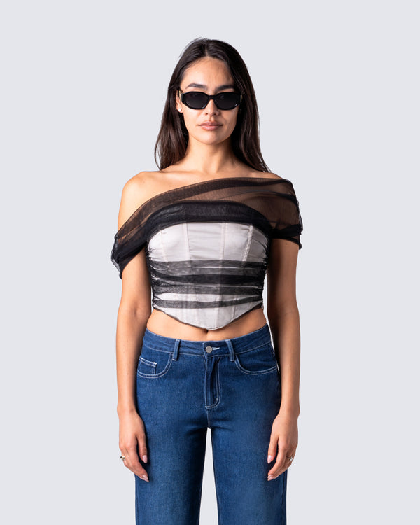 Finesse Baer Black Tulle Off Shoulder Top