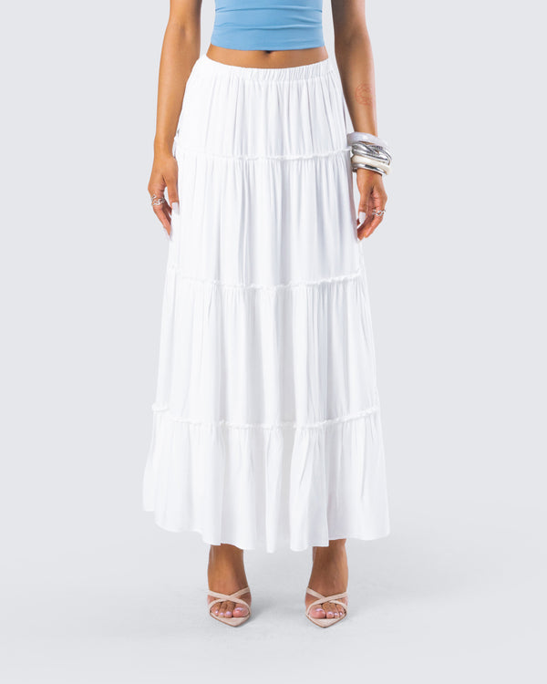 Finesse Bailee White Tiered Midi Skirt