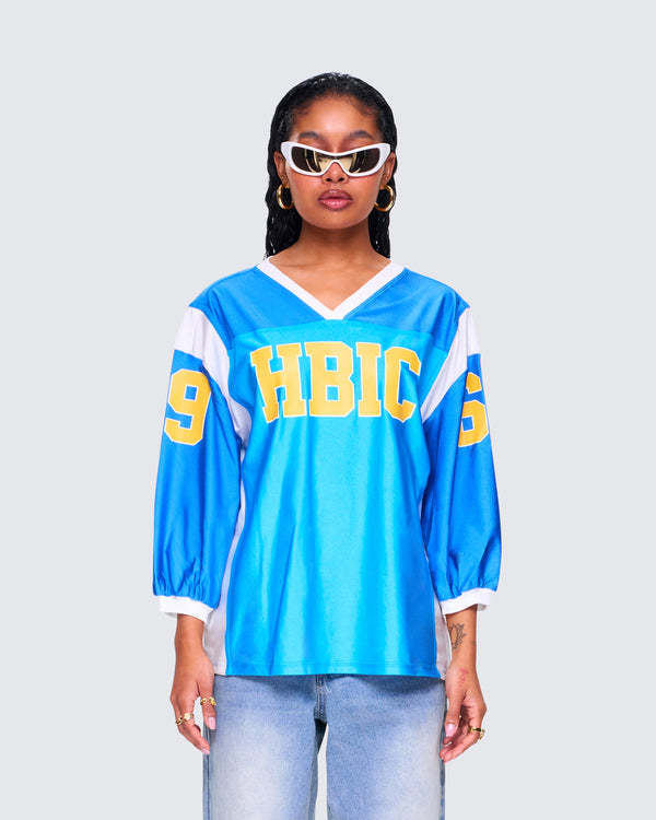 Finesse Bea Blue Graphic Sports Jersey Top