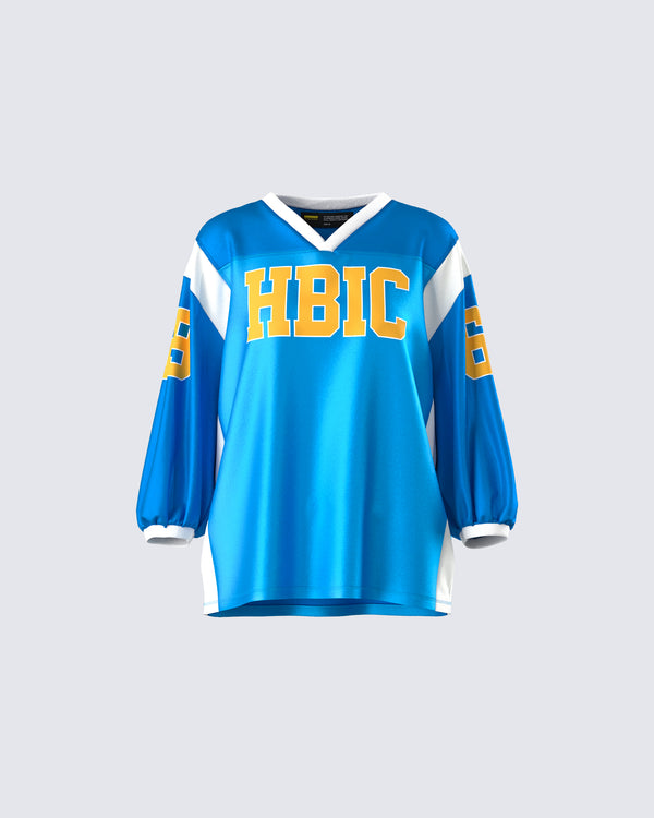 finesse Bea Blue Graphic Sports Jersey Top