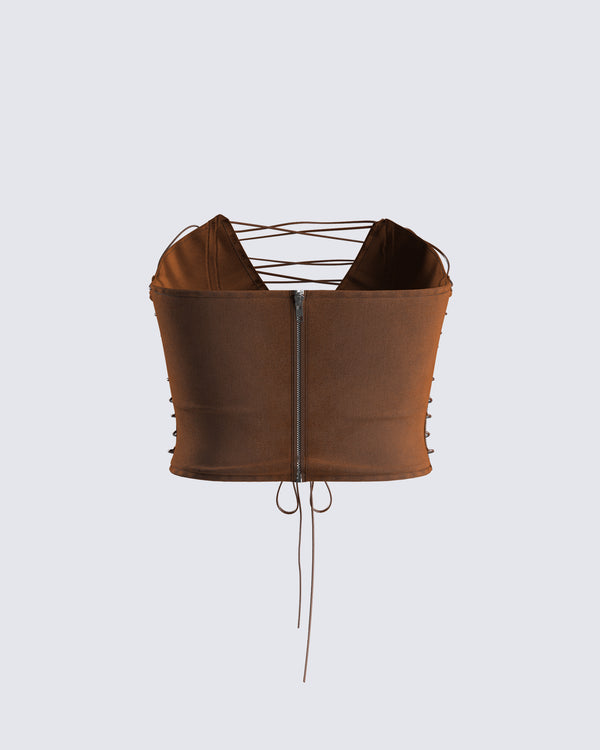 Finesse Bette Brown Lace Up Top