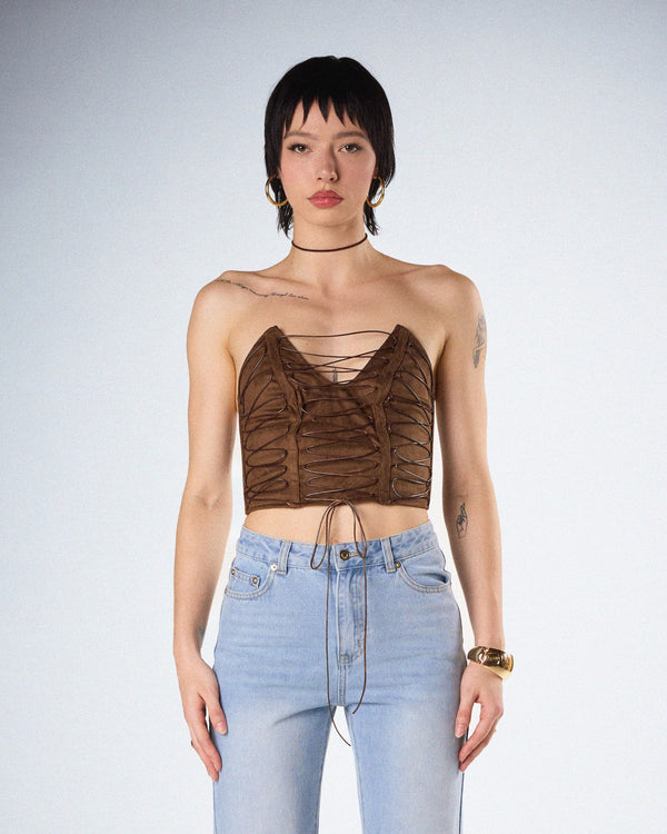 Finesse Bette Brown Lace Up Top